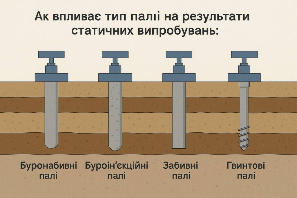 Як впливає тип палі на результати статичних випробувань: буронабивні, буроін'єкційні, забивні, гвинтові палі