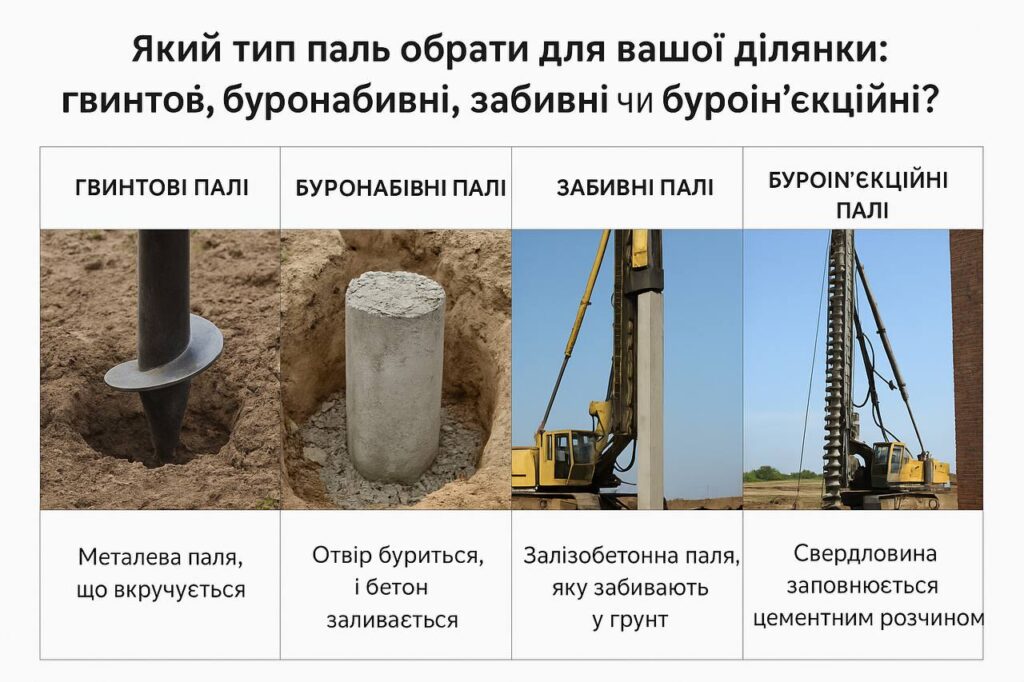 Який тип паль обрати для вашої ділянки: гвинтові, буронабивні, забивні чи буроін’єкційні?
